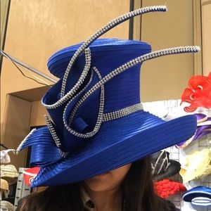 Last One! -NEW Charm NY Royal Blue RHINESTONE Wide Brim HAT CHURCH COGIC DERBY
